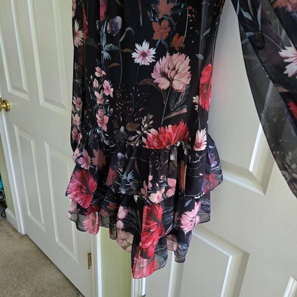 Ieena for Mac Duggal Long-Sleeve Ruffled Chiffon Floral Mini Dress Size 8 - Picture 9 of 14